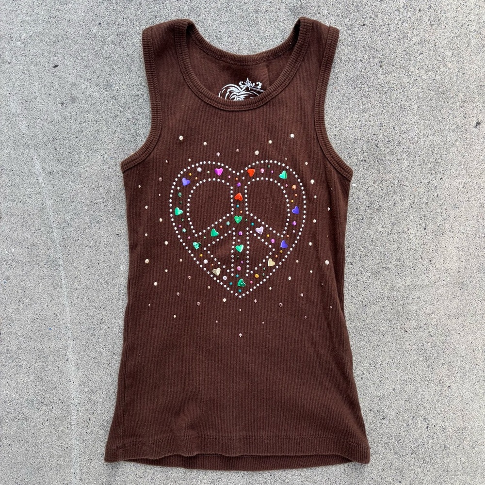 The Children’s Place Colorful Heart Rhinestones Brown Ribbed Cotton Tank Top M